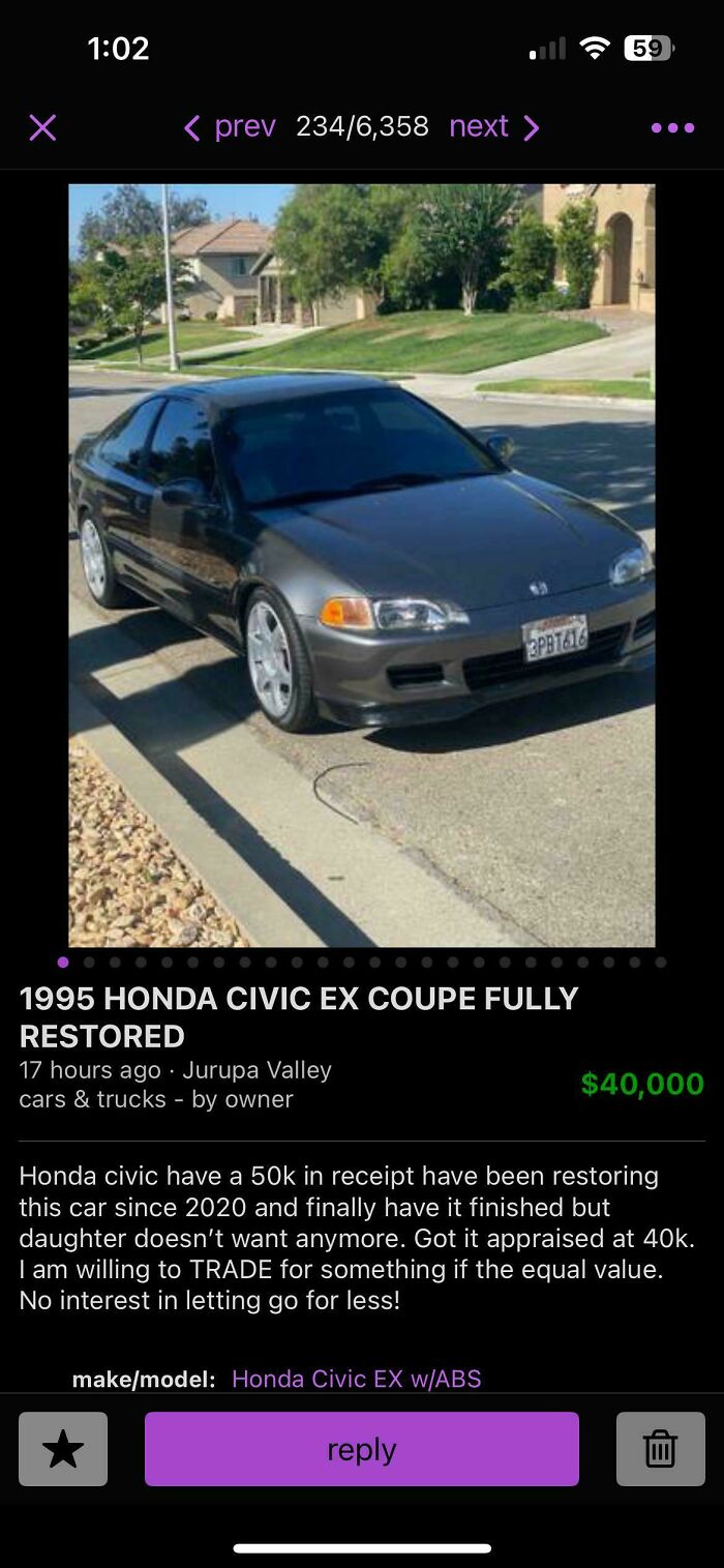 1995 Honda Civic EX coupe parked on suburban street in a for sale listing screenshot, unhinged things sell online
