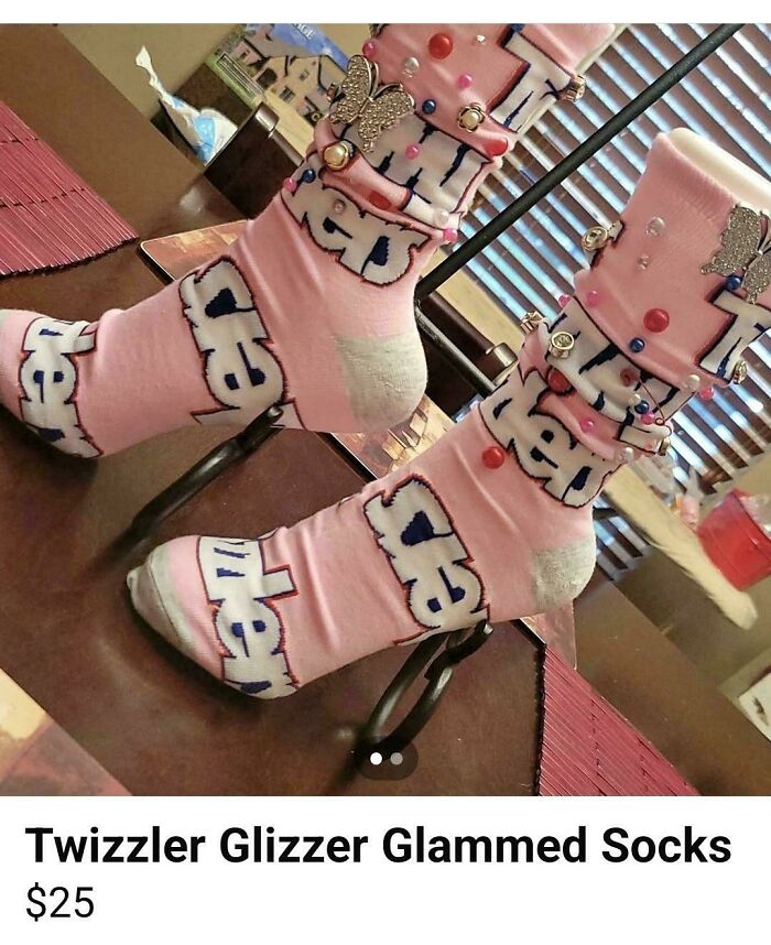 Pink glammed socks decorated with charms — unhinged things people tried to sell online