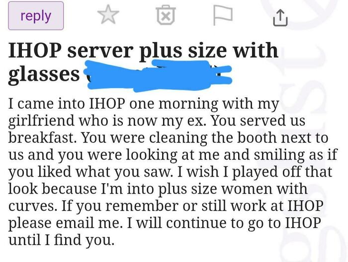 Screenshot of a posted note asking for an IHOP server, mentioning plus size with glasses — unhinged things sold online