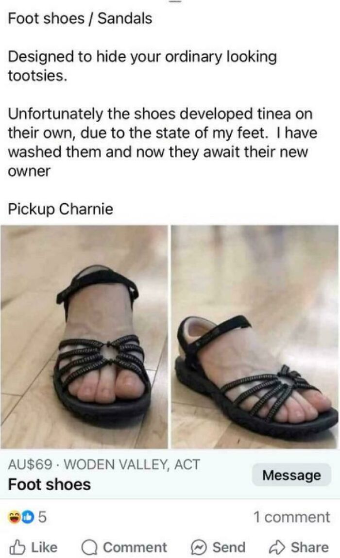 Worn black strappy sandals listing showing seller's foot inside, example of unhinged things sold online