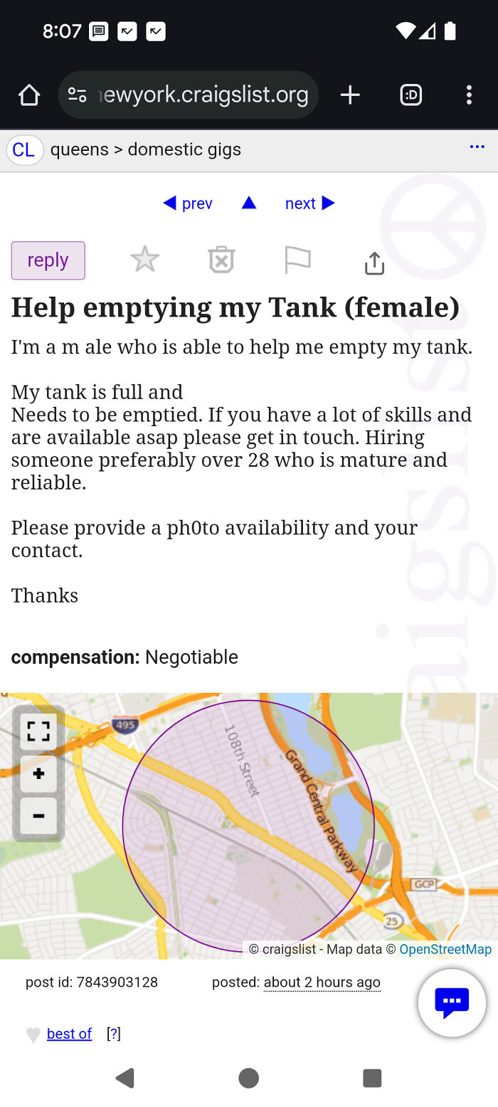 Craigslist ad screenshot for Help emptying my Tank (female) with text and map, example of unhinged things sold online