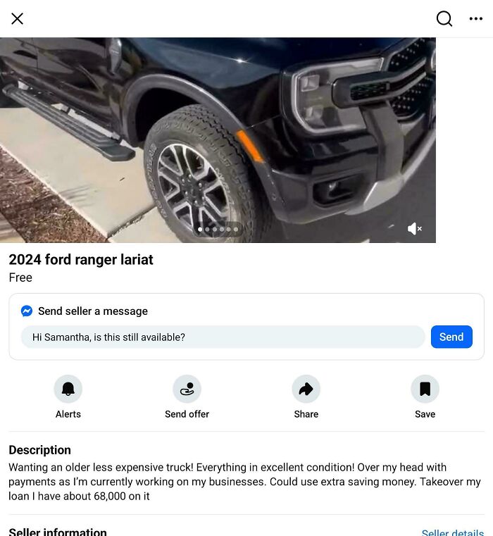Black 2024 Ford Ranger Lariat front corner in an online listing, example of things people thought they could sell online