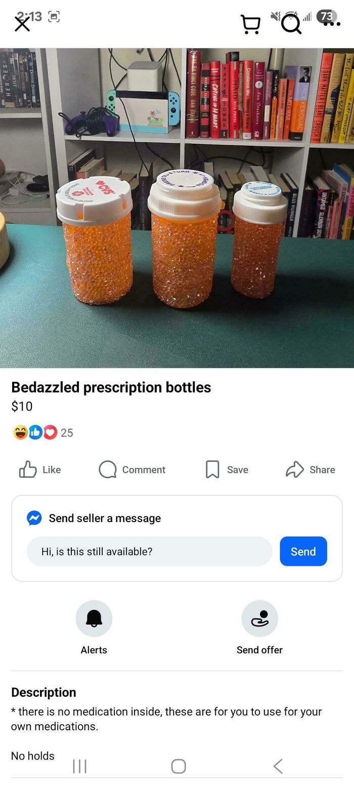 Three bedazzled prescription bottles on table for sale, unhinged things sold online