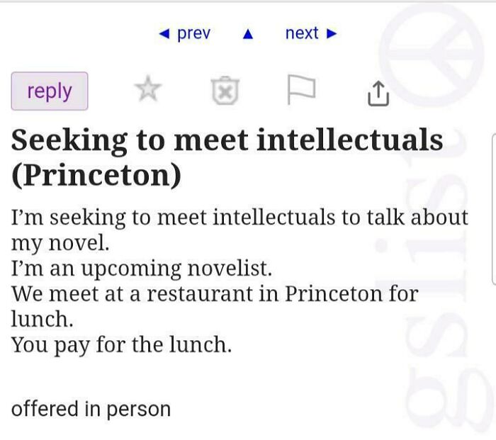 Classified ad screenshot: novelist seeking intellectuals for lunch - unhinged things people thought they could sell online