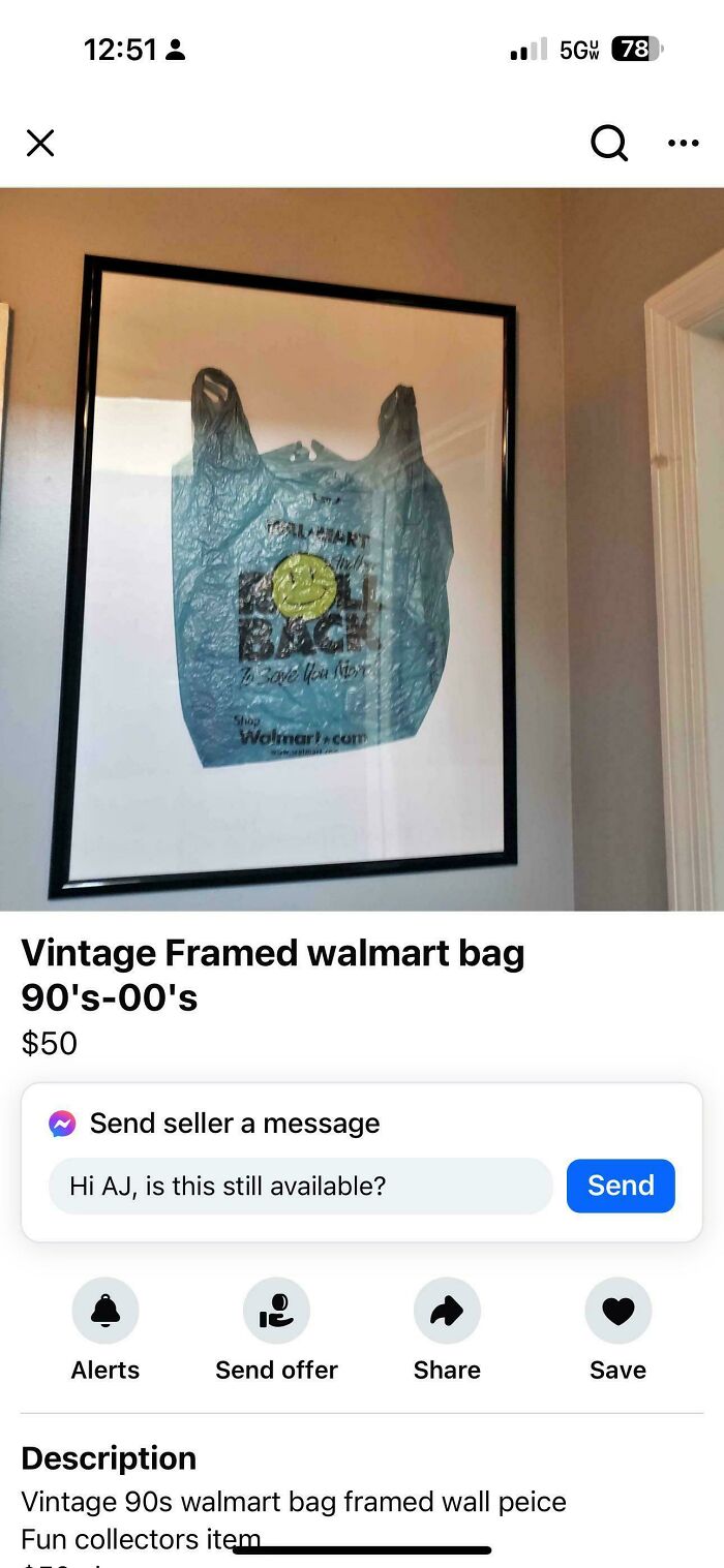 Framed vintage Walmart plastic bag from 90s on wall in an online listing, odd item people try to sell online