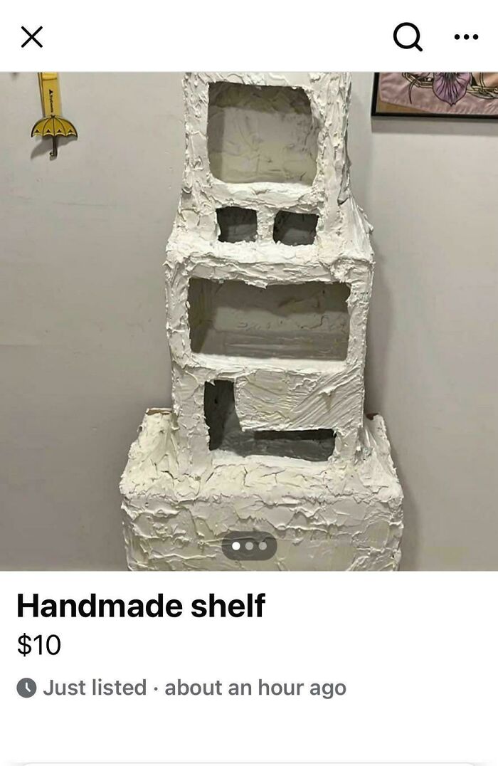 Lumpy homemade white plaster shelf with odd cubbies, an example of unhinged things sold online