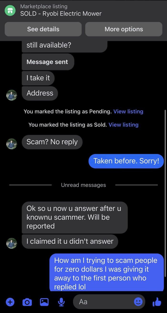 Marketplace chat screenshot showing sold Ryobi electric mower and buyer accusing scam while seller explains; sell online