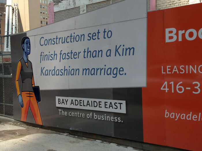 Print advertisement using humor and creativity to promote Bay Adelaide East construction, making competitors look boring.