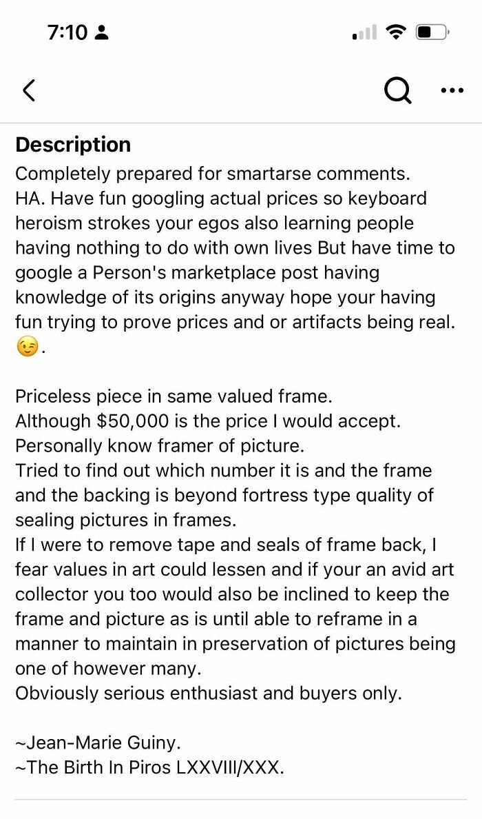 Smartphone screenshot of a lengthy marketplace listing description about a framed artwork, listing to sell online