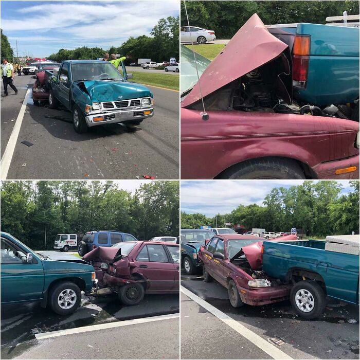 Glitches in the Matrix collage: maroon car rear-ended by teal pickup in multi-vehicle crash with police on road