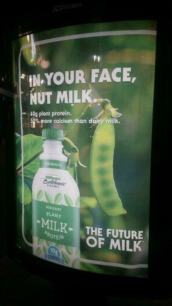 Print advertisement for non-dairy plant milk highlighting humor and creativity to outshine competitors in the market.
