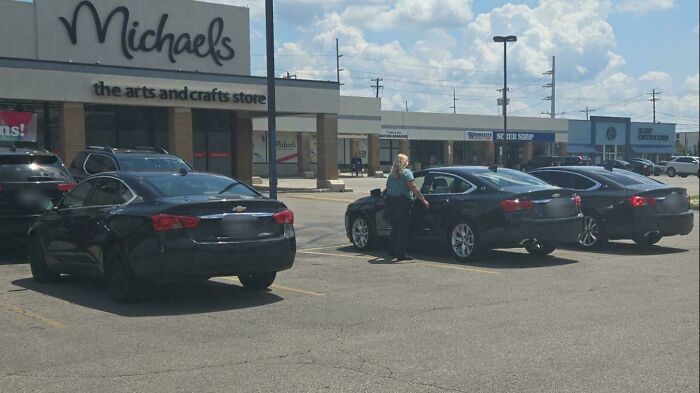 Two identical black cars parked side by side outside Michaels with a woman at one door, evoking glitches in the matrix