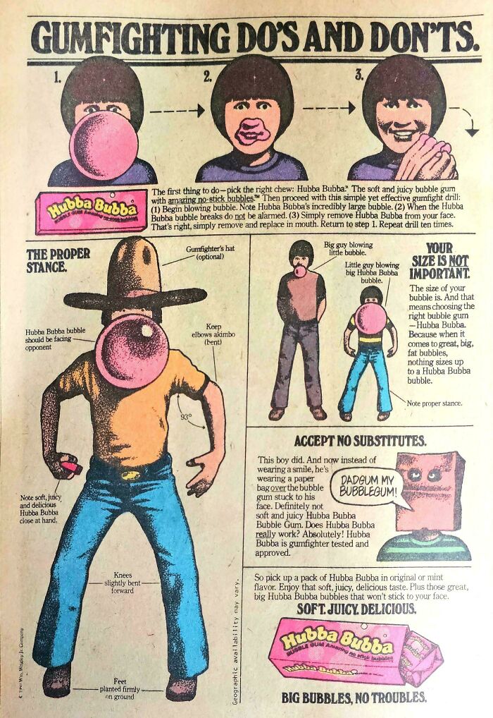 Vintage print advertisement for Hubba Bubba bubble gum using humor and creativity to outshine competitors.