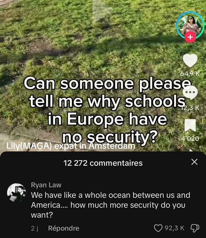 Ridiculous American internet comment questioning European school security with a humorous reply about distance and safety.