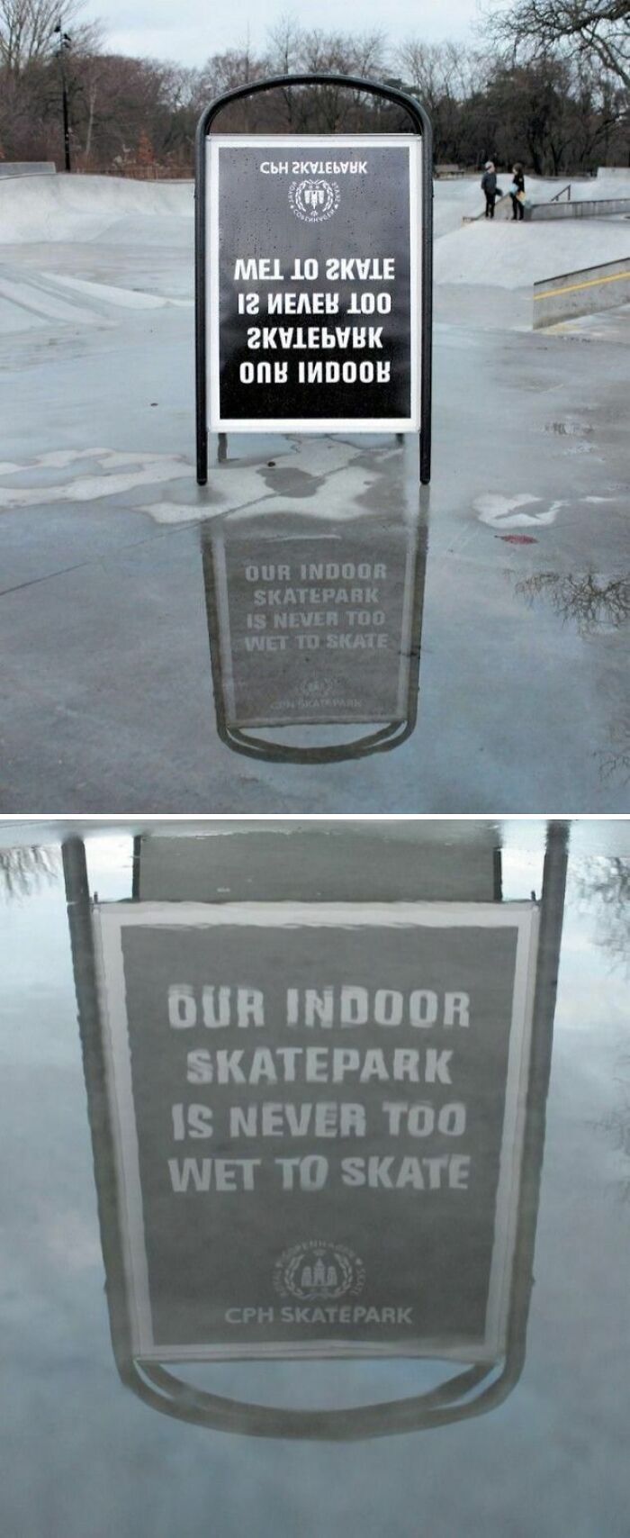 Skatepark print advertisement creatively using reflection and humor to highlight indoor skatepark advantage over competitors.