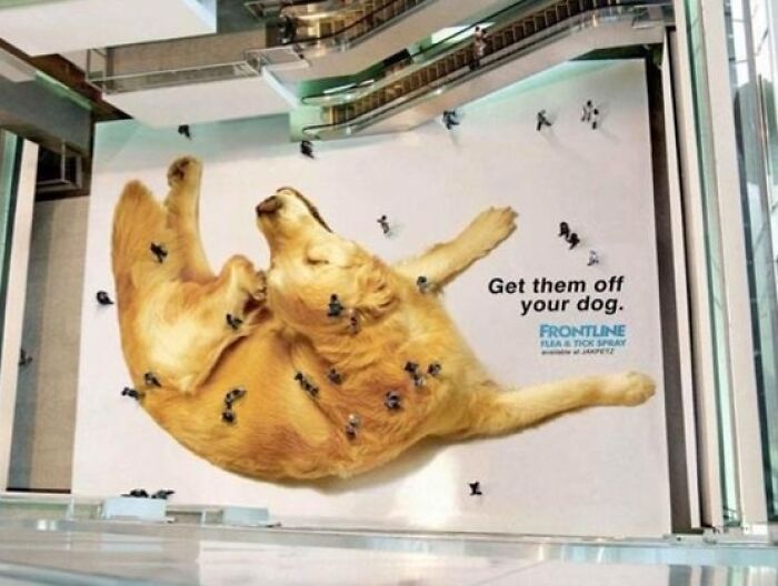 Print advertisement showing a giant dog with tiny people like fleas on it, using humor and creativity to stand out.