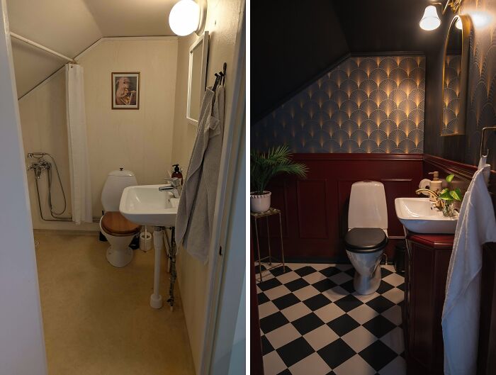 Before and after home bathroom decoration showing simple to stylish renovation with elegant wallpaper and flooring.