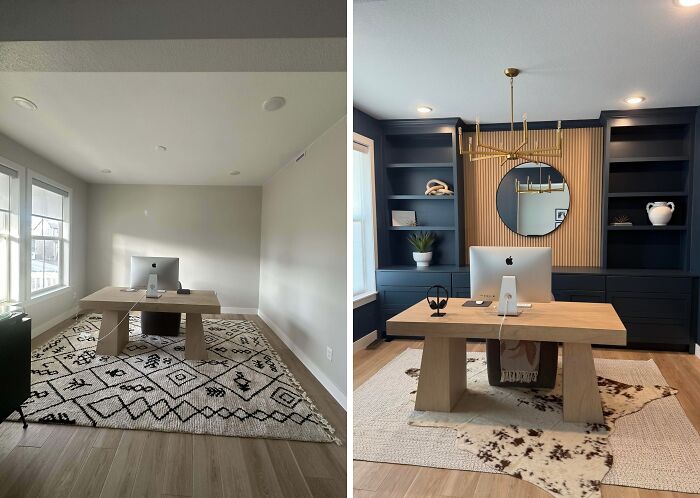 Before and after home decoration showing a modern office with built-in shelves and stylish design elements.