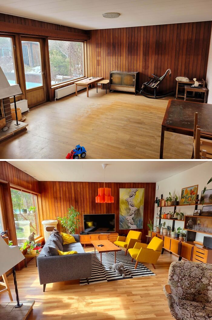 Before and after home decoration featuring a cozy living room with mid-century modern furniture and vibrant accents.