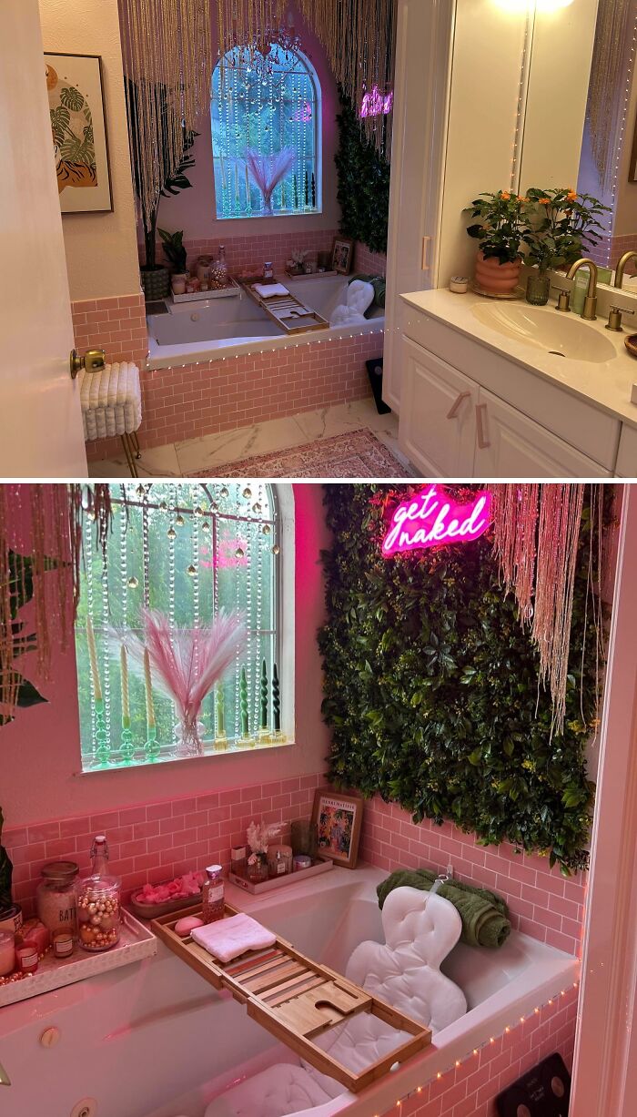 Bathroom with pink tile, lush greenery wall, and decorative plants showcasing unique home decoration ideas.