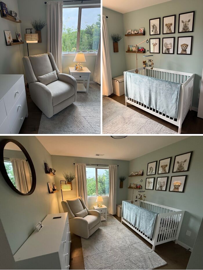 Cozy and stylish baby nursery with neutral colors, animal wall art, a rocking chair, and elegant home decor decorations.