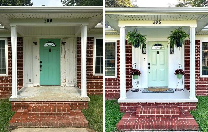 Before and after photos of a home entrance showing proud home decoration with fresh paint and added plants.