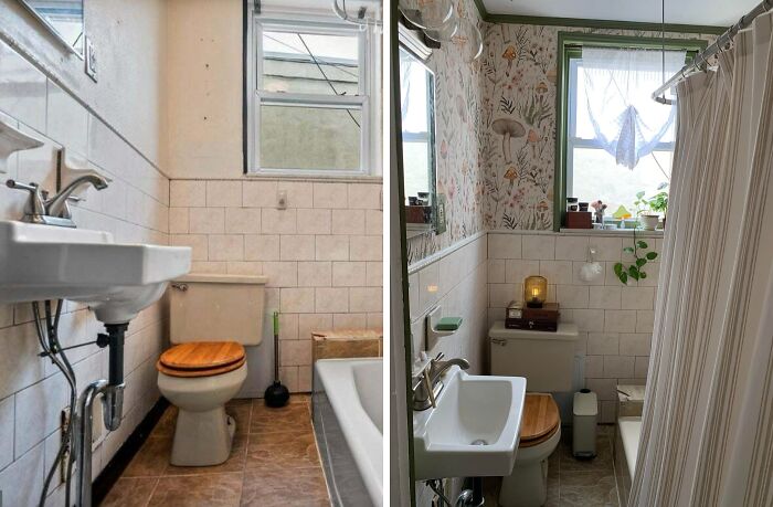 Bathroom before and after home decoration showing improved design, colorful wallpaper, and added plants for a cozy look.