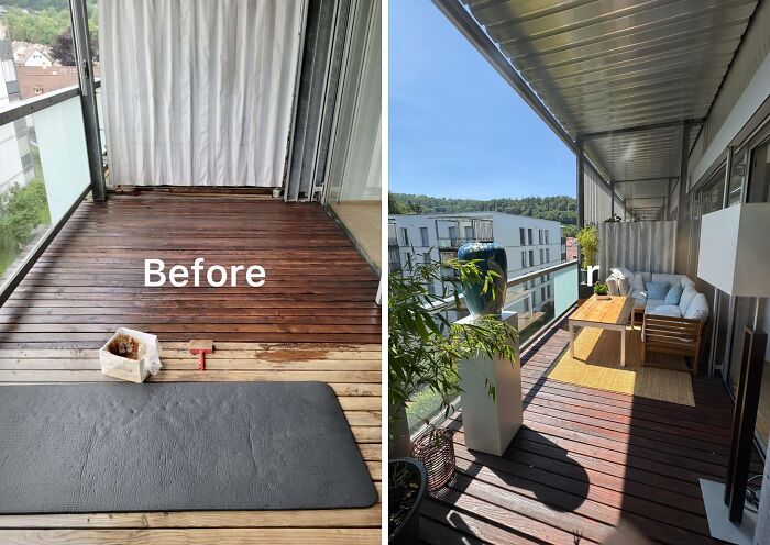 Balcony transformation showcasing proud home decoration with stylish outdoor furniture and plants on wooden deck.