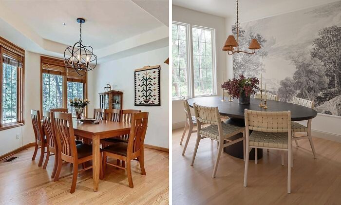 Two stylish dining rooms showcasing home decoration ideas that people are proud to share online.