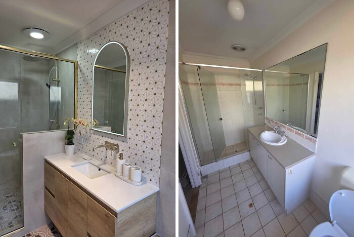 Modern bathroom renovation showcasing stylish home decoration with a sleek vanity and patterned tiled wall.