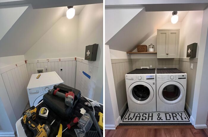 Before and after home decoration showing a laundry room transformation with washer and dryer and personalized floor tiles.