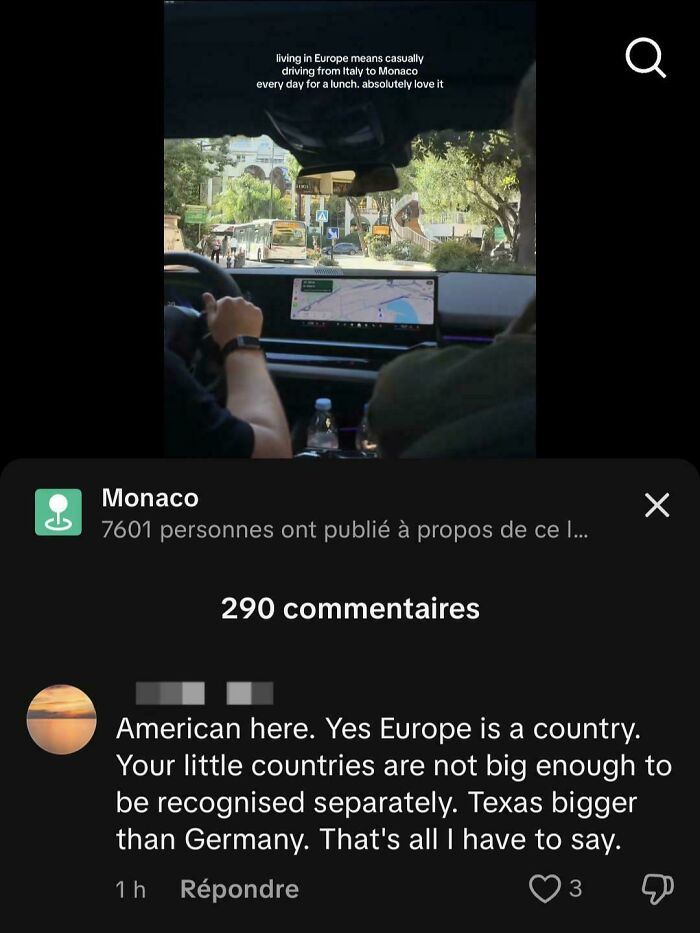Image of a car interior with a GPS, showing a ridiculous American internet comment about Europe to be roasted.