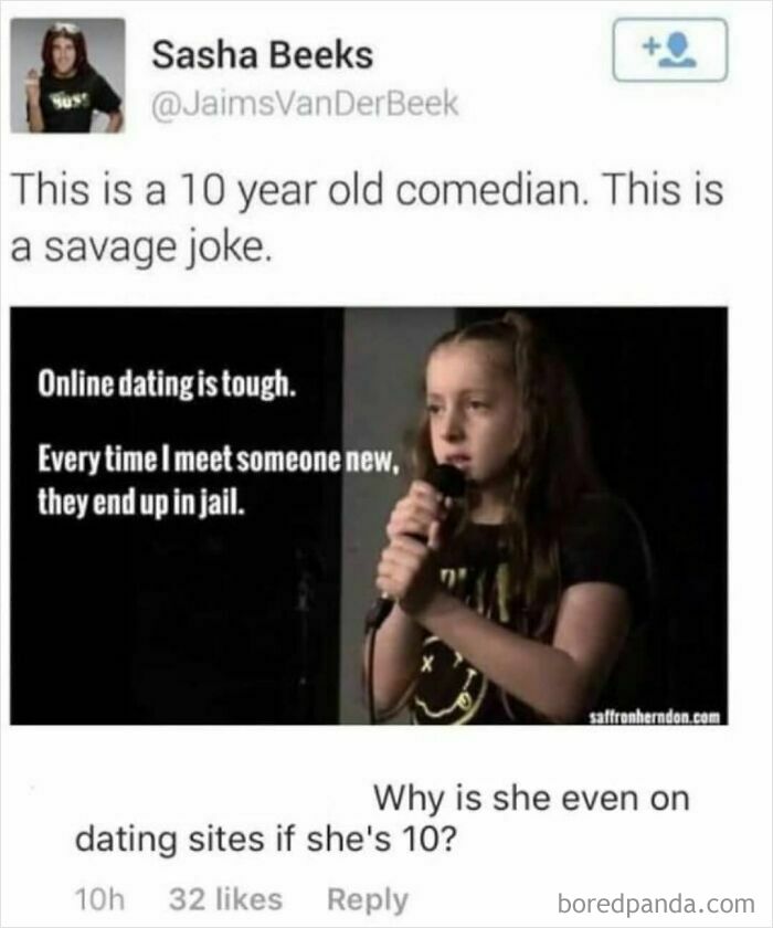 Young girl delivering dark humor stand-up comedy meme about online dating and jail, showcasing hilarious memes with dark humor.