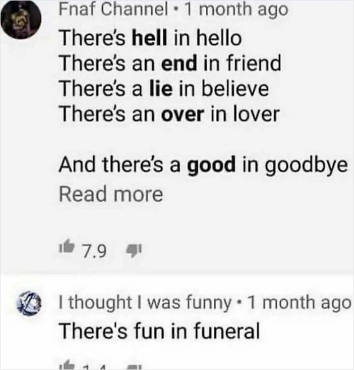 Comments showing dark humor wordplay with hidden words like hell, lie, and fun in different words, dark humor memes.