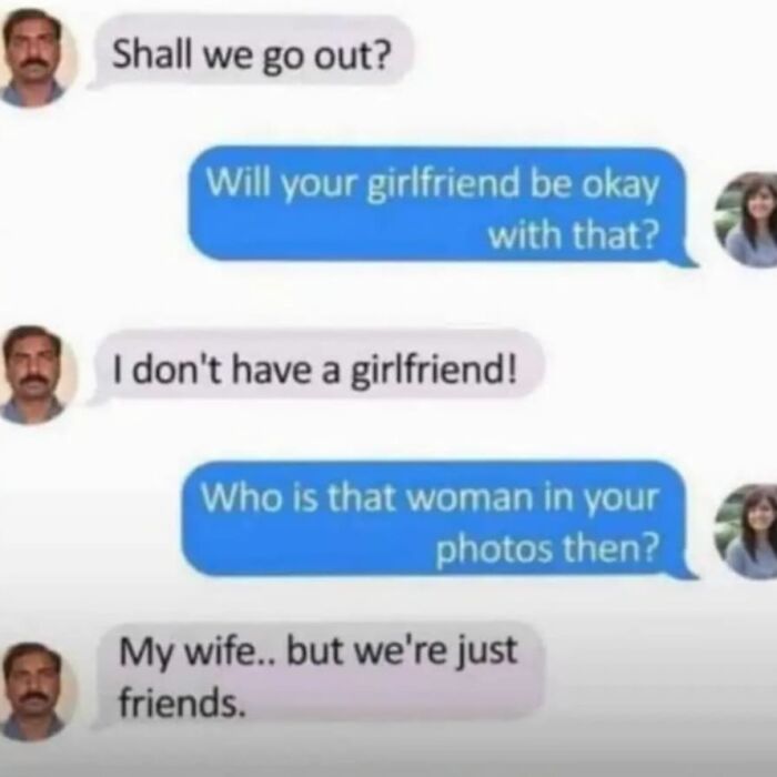 Text message exchange showing a dark humor meme with a man denying his wife to avoid commitment, fitting dark humor memes.