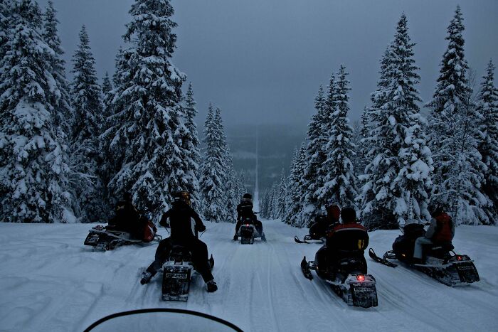 Group of people riding snowmobiles through snowy forest trail showcasing impressive things countries implemented in winter recreation.