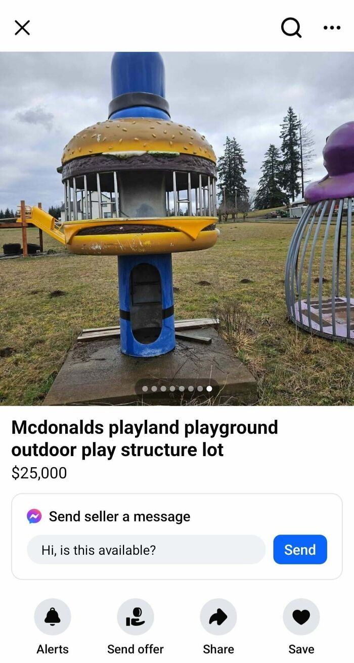 Weathered McDonalds burger playland playground structure on grass, one of the things people thought they could sell online