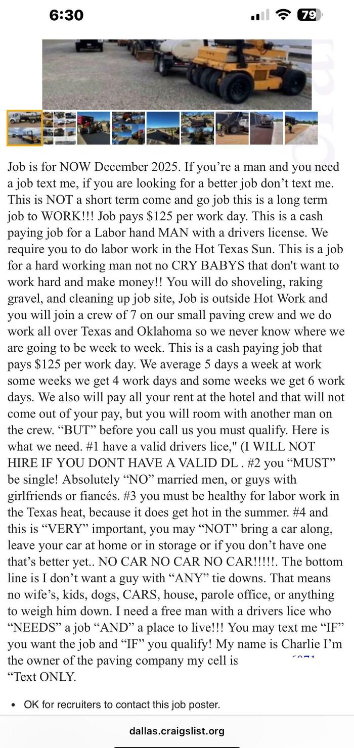 Craigslist job ad screenshot showing paving roller photo and long discriminatory hiring text - unhinged things sell online