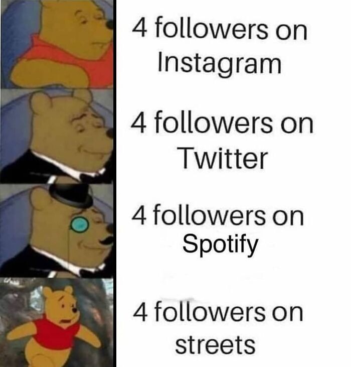Winnie the Pooh meme showing increasing sophistication, humor with a touch of darkness about social followers.