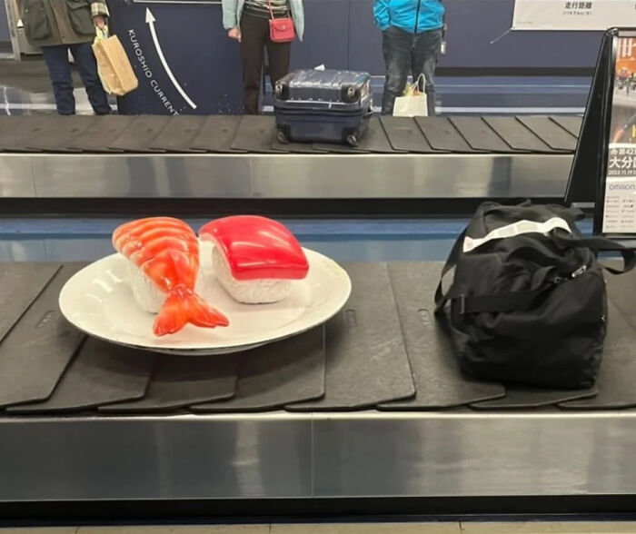 Plate with realistic sushi models on airport luggage conveyor, showcasing impressive things countries implemented that left people in awe.