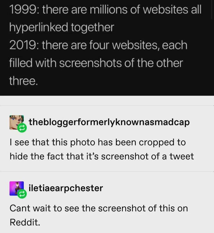 Posts That Aged Like Wine: meme showing 1999 vs 2019 websites text with comments about a cropped screenshot and Reddit