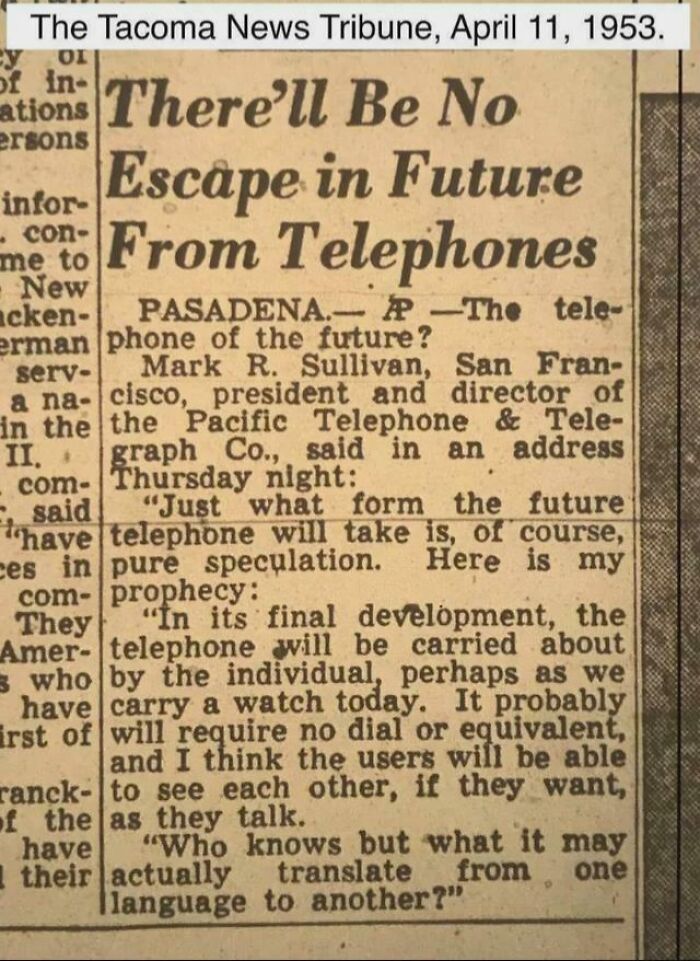 Vintage 1953 newspaper clipping about future telephones, aged like wine and eerily predicting video calls.