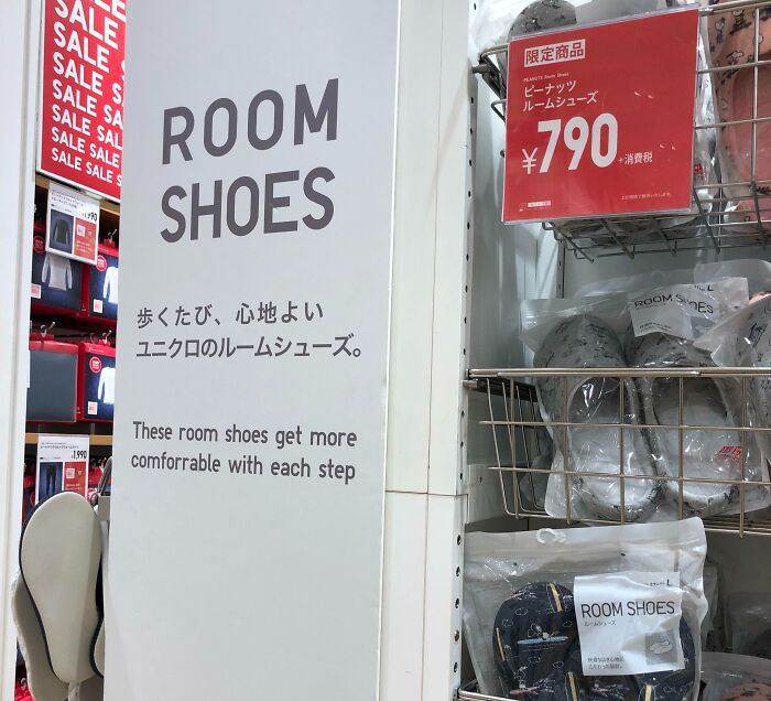 Sign for room shoes with a humorous English translation error seen in Japan retail store display.