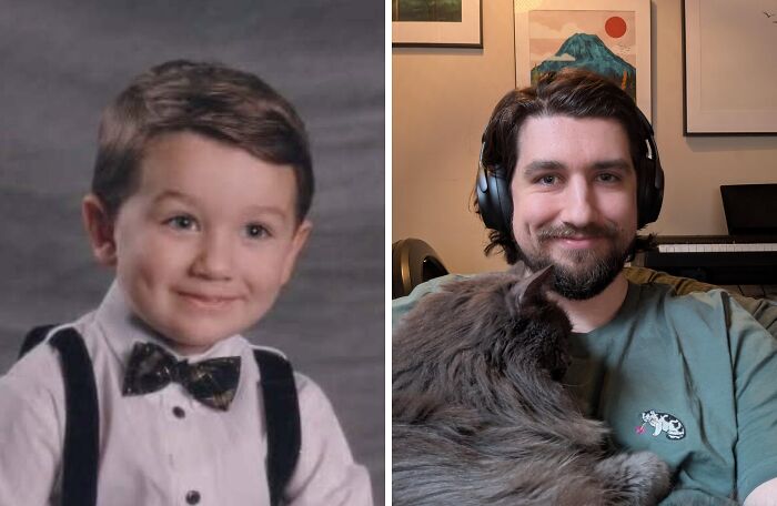 Wholesome photos: side-by-side childhood school portrait of a boy in bow tie and adult man with headphones holding a cat.