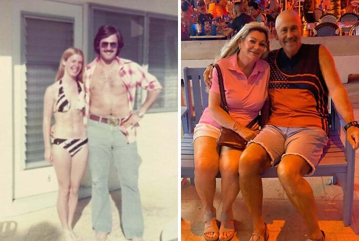 Then-and-now wholesome photos of a couple: young in 1970s swimwear and later smiling together on a bench at night
