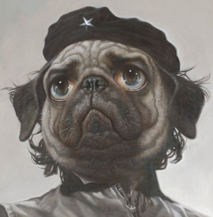 Pug caricature in beret and jacket, pop culture icons as dogs painted in humorous style