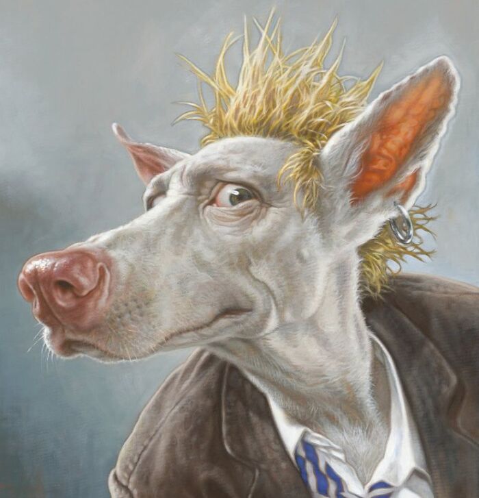 Pop culture icons into dogs caricature: punk mohawk dog wearing suit, earring, and blue striped tie