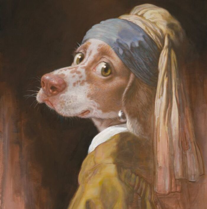 Dog caricature styled as pop culture icons, wearing a pearl earring and headscarf