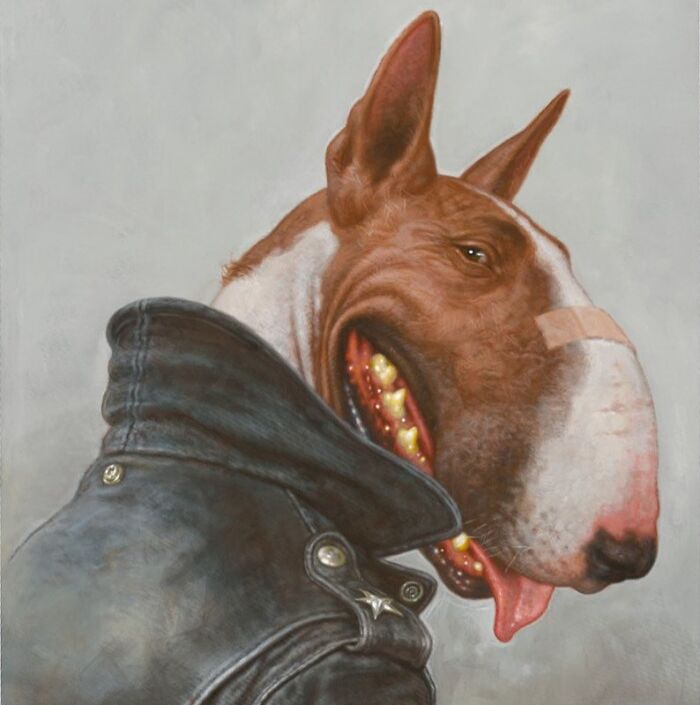Caricature painting of a pop culture icon turned dog: bull terrier in leather jacket, crooked grin, bandage on nose.