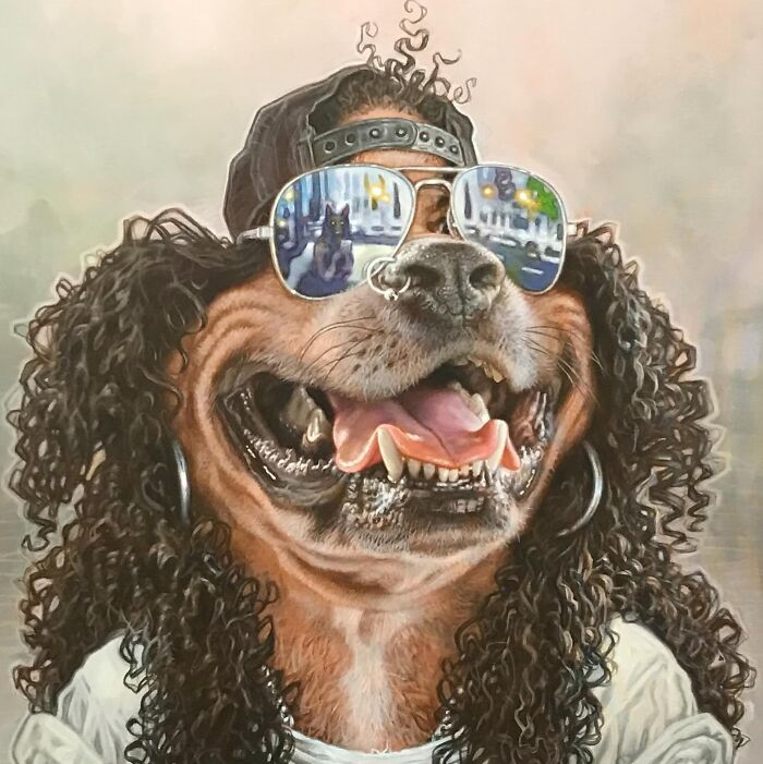 Pop culture icons into dogs caricature: smiling dog with curly hair, backward cap, mirrored sunglasses and hoop earrings.